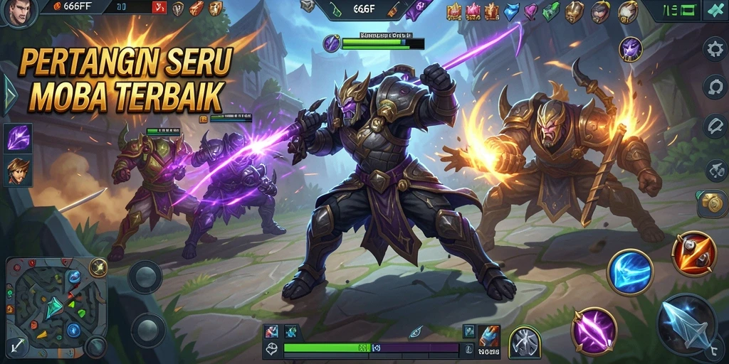 Menampilkan aksi pertarungan MOBA yang intens dan seru.