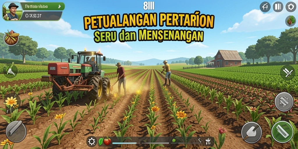 Screenshot permainan 8II dengan tampilan ladang yang rapi dan hewan lucu.