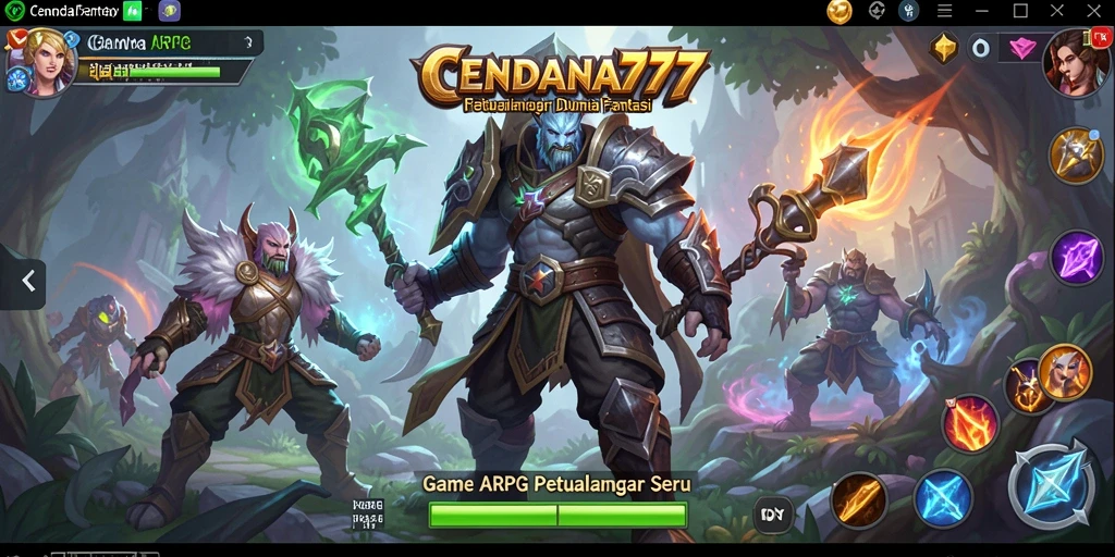 Tampilan epic petualangan ARPG CENDANA777 dengan karakter dan monster fantastis.