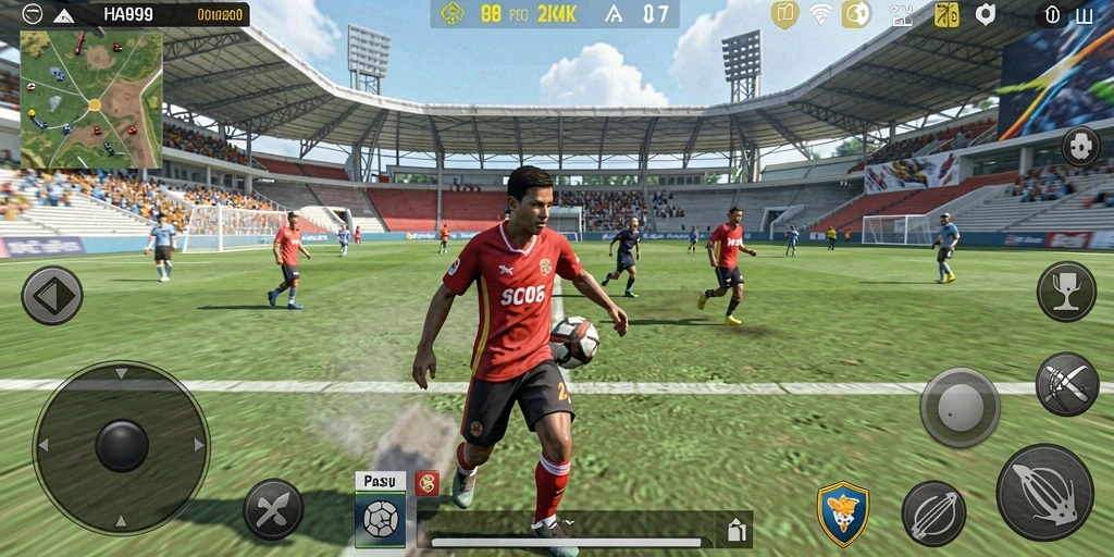 Tangkapan layar dari gameplay FA99 menampilkan aksi olahraga yang seru.