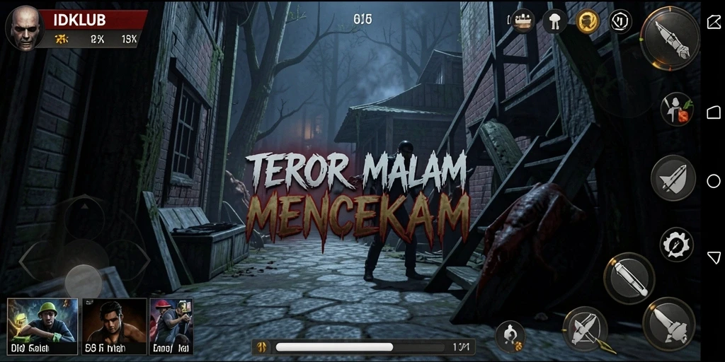 Screenshot gameplay IDKLUB menampilkan suasana gelap dan mencekam.