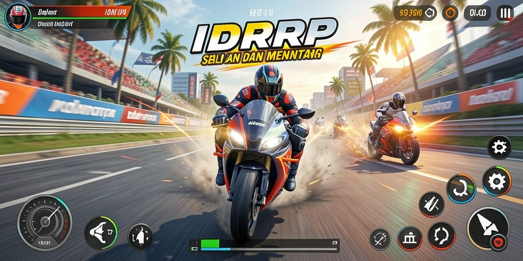 Screenshot gameplay IDRRP menampilkan balapan motor yang mendebarkan.