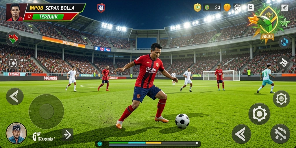 Screenshot gameplay MPO08 menampilkan aksi seru di lapangan sepak bola.