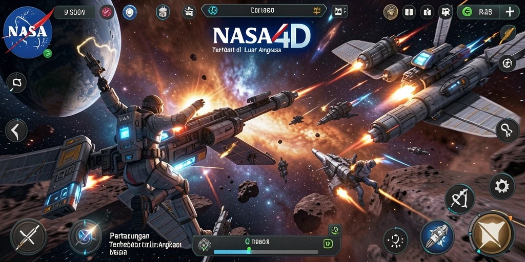 Screenshot utama NASA4D menampilkan aksi pertarungan di luar angkasa yang mendebarkan.