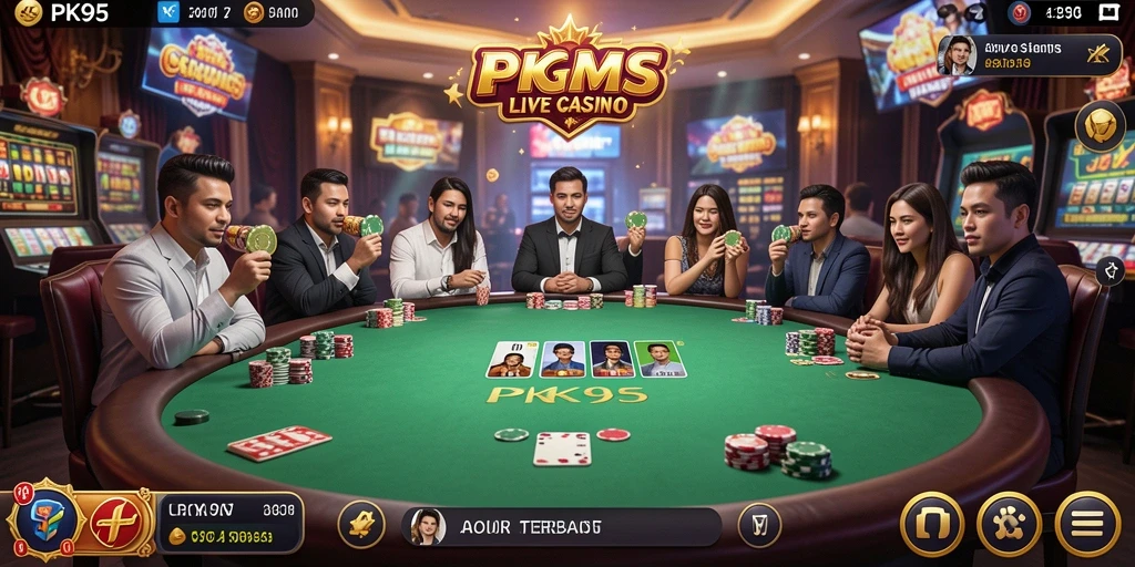 Screenshot gameplay PK95 menampilkan dealer langsung dan permainan yang mendebarkan.
