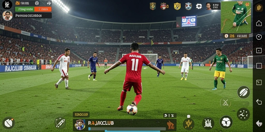 Tampilan utama gameplay RAJACLUB dengan pemain sepak bola beraksi.