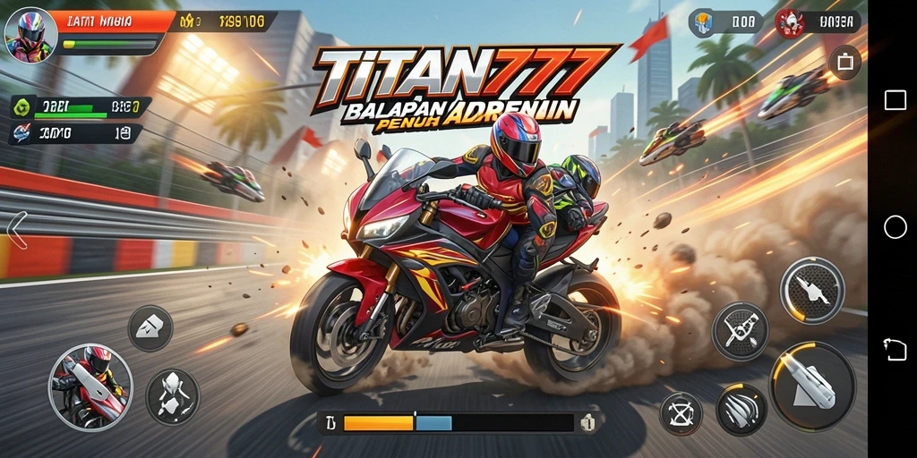 Tampak seru saat balapan motor di TITAN777 dengan latar belakang yang menakjubkan.