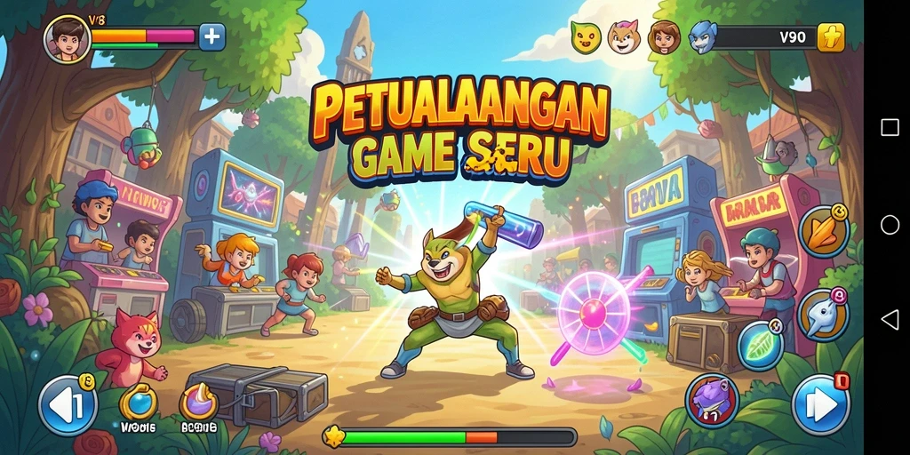 Tangkapan layar utama V98 menampilkan aksi seru dalam game Arcade.